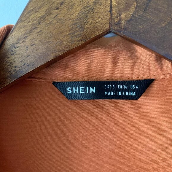 SHEIN Orange Collared Button Down Cinch Elastic Waist Cropped Blouse Top Size S - Picture 2 of 4